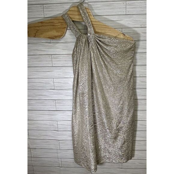 Maggy London Women's Crinkle Gold Cocktail 2Party Dress Neck Strap Sheath Sz 6 - Picture 2 of 9